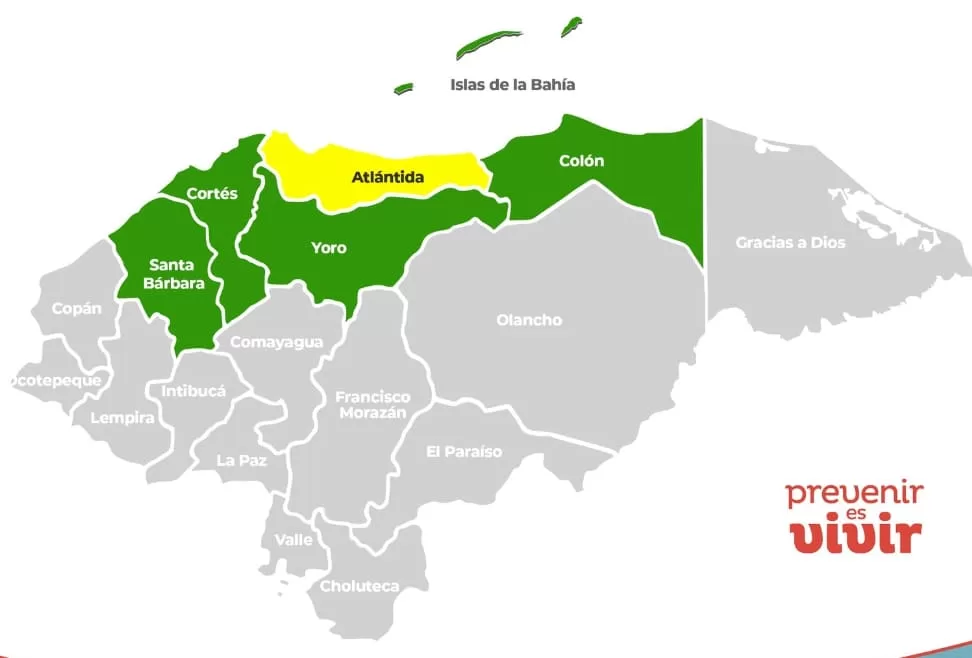 Alerta amarilla para Atlántida y verde en 5 departamentos más