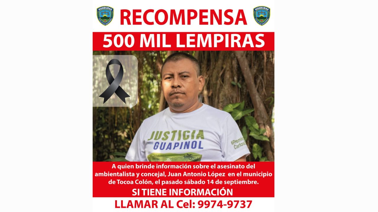 500 Mil lempiras en recompensa por Información sobre asesinato del ambientalista