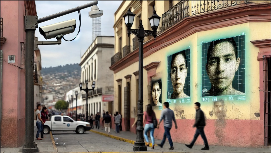 Imagen creada con IA que ilusta a personas caminando por una calle en una ciudad y en la pared de un edifcio un rostro digital.